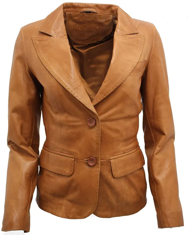 Infinity Leather Women's 2 Button Leather Blazer Jacket-Newport in Tan Size: 20 - Tan