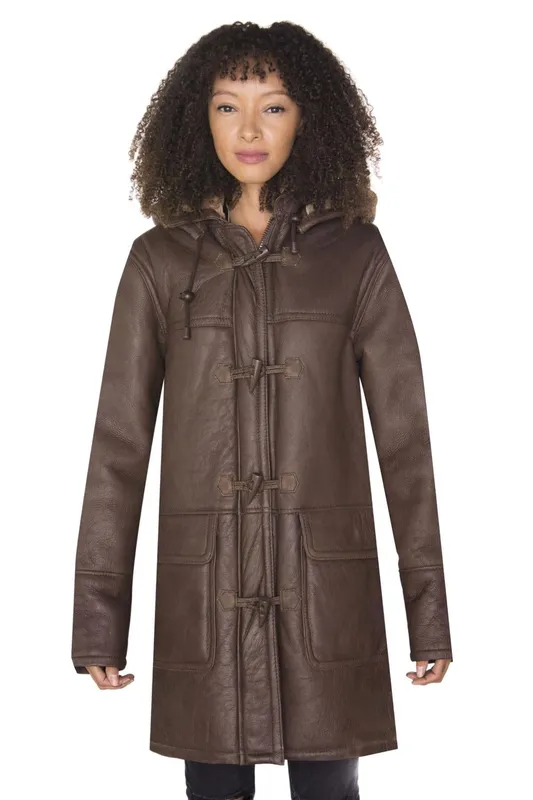 Infinity Leather Women's Hooded Sheepskin Leather Duffle Coat-Charlotte in Brown Size: 14 Brown