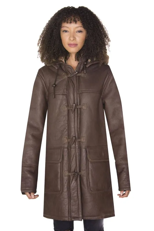 Infinity Leather Women's Hooded Sheepskin Leather Duffle Coat-Charlotte in Brown Size: 16 Brown