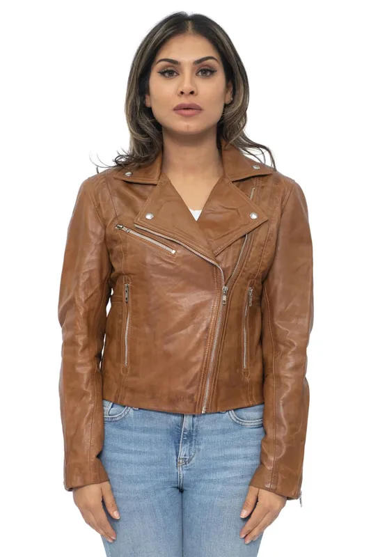 Infinity Leather Women's Leather Biker Jacket-Zanzibar in Tan Size: 8 Tan 8