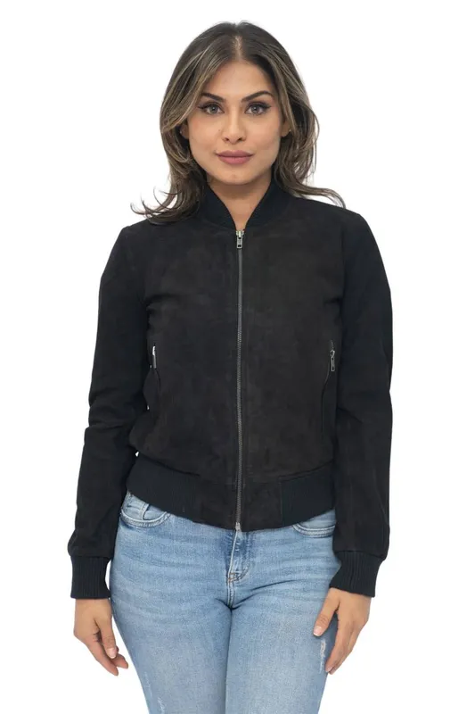 Infinity Leather Women's MA-1 Suede Bomber Jacket-Arnhem in Black Size: 8 - Black