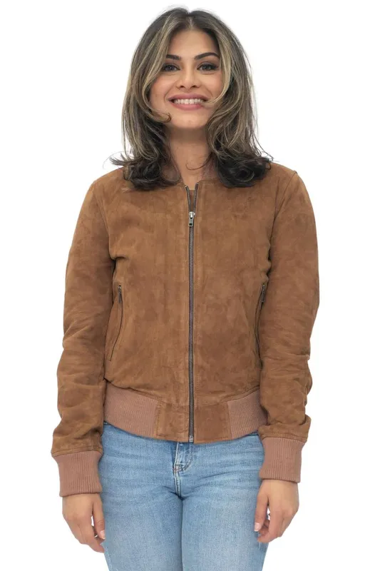 Infinity Leather Women's MA-1 Suede Bomber Jacket-Arnhem in Tan Size: 12 - Tan