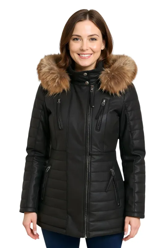 Infinity Leather Women's Quilted Leather Parka Jacket-Bowen in Black Size: 12 Black 12