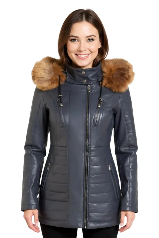 Infinity Leather Women's Quilted Leather Parka Jacket-Bowen in Blue Size: 20 Blue 20