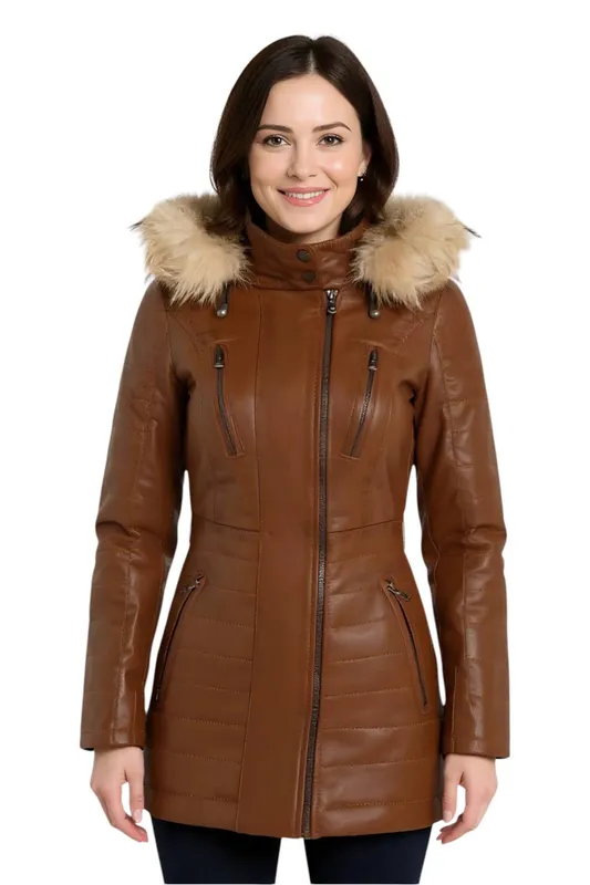 Infinity Leather Women's Quilted Leather Parka Jacket-Bowen in Tan Size: 12 - Tan