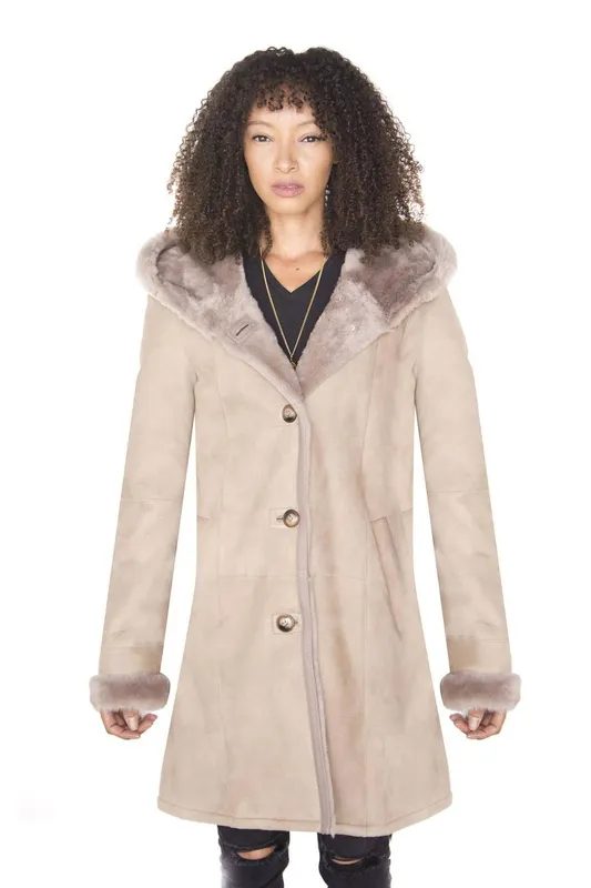 Infinity Leather Women's Suede Merino Sheepskin Parka Coat-Richmond in Taupe Size: 20 - Taupe