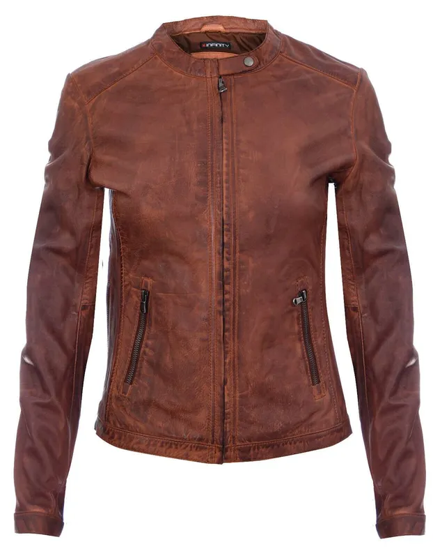 Infinity Leather Women's Tan Leather Biker Jacket-Prague Size: 12 - Tan - Size: 12