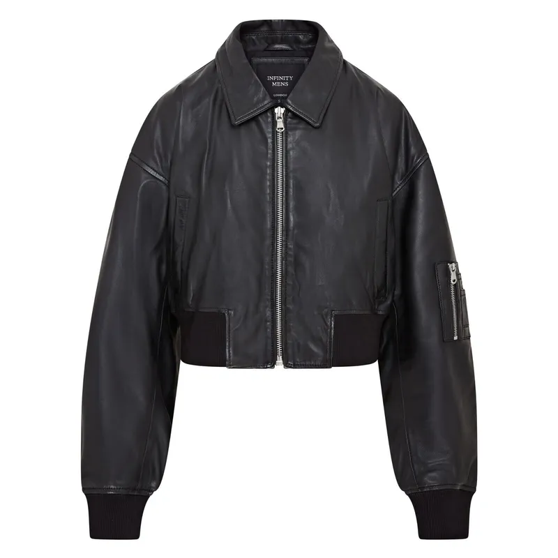 Infinity Leather Women's Oversized Leather MA-1 Bomber Jacket in Black Size: 14 - Black