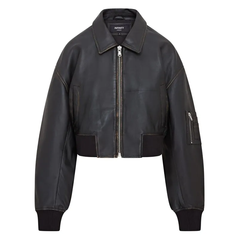 Infinity Leather Womens Oversized Ma-1 Bomber Jacket - Black - Size 8 Uk