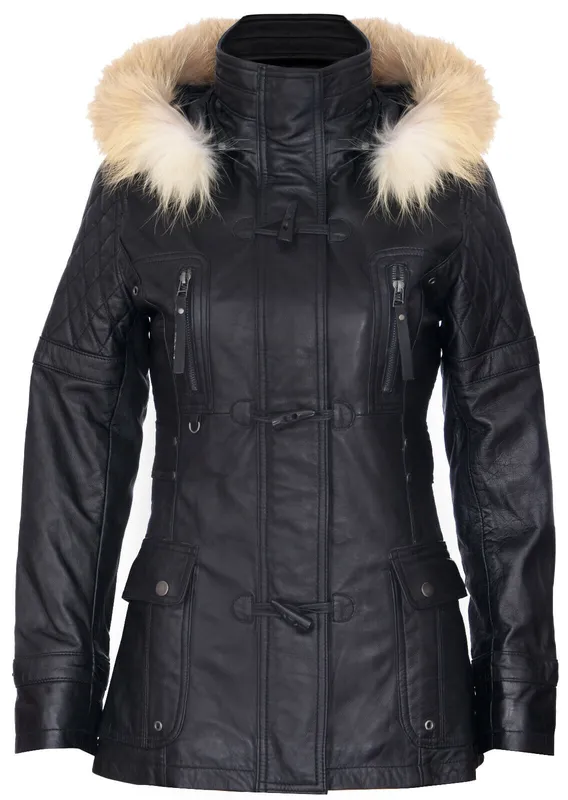 Infinity Leather Womens Quilted Hooded Parka Jacket-Northampton - Black Lamb Leather - Size 8 Uk