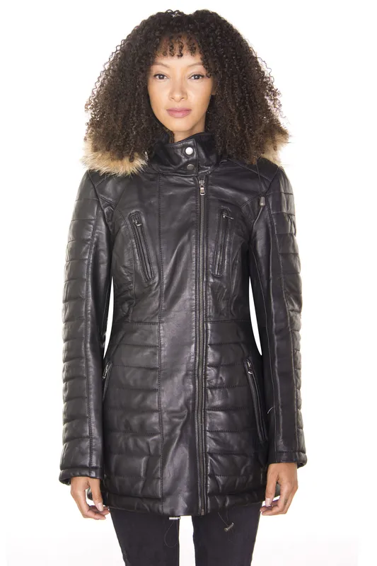 Infinity Leather Womens Quilted Parka Jacket-Curitiba - Black - Size 8 Uk