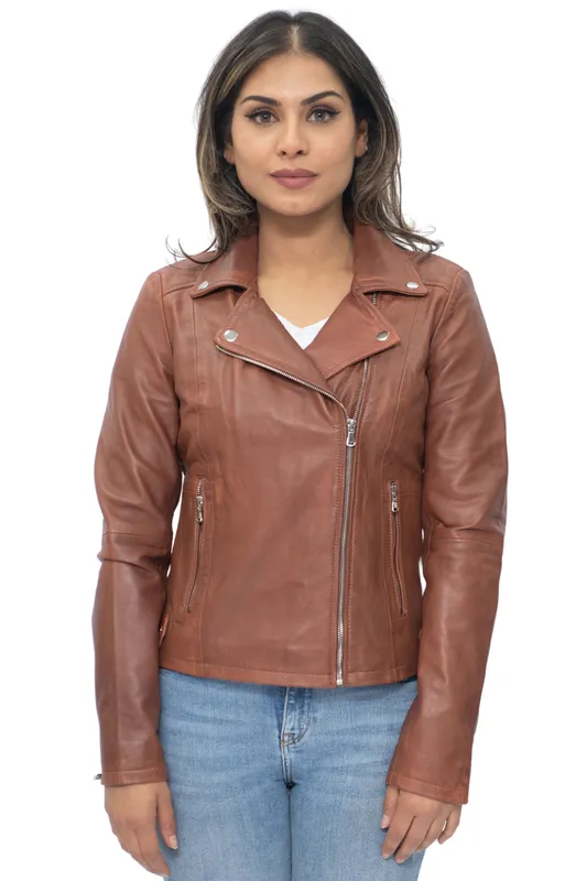 Infinity Leather Women's Leather Biker Jacket - Sacramento in Tan Size: 8 - Tan