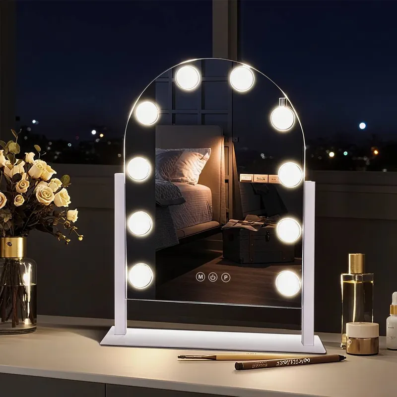 Inmtfei Unisex White Hollywood Arched Vanity Makeup Mirror w/ 10 Dimmable LED Bulbs 30x40cm White female