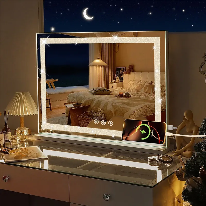 Inmtfei White Hollywood Crystal LED Vanity Makeup Mirror 3 Modes 58x46cm Size: 58x46 cm White 58x46 cm