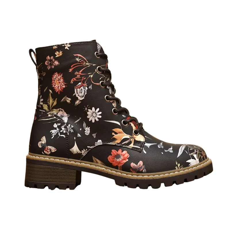 Ivachy Women's Floral Lace-Up Ankle Boots with Side Zip in Black Size: 7 - Black
