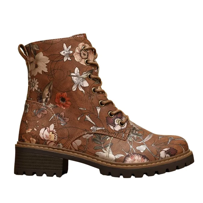 Ivachy Women's Floral Lace-Up Ankle Boots with Side Zip in Tan Size: 6 - Tan