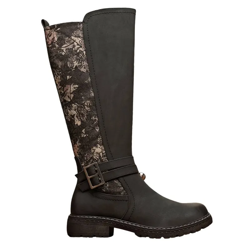 Ivachy Women's Tall Boots With Buckle & Lace Back in Black Size: 7 - Black - Size: 7