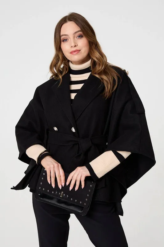 Izabel London Women's Cape Coat w/ Belt in Black Size: 12 Black female