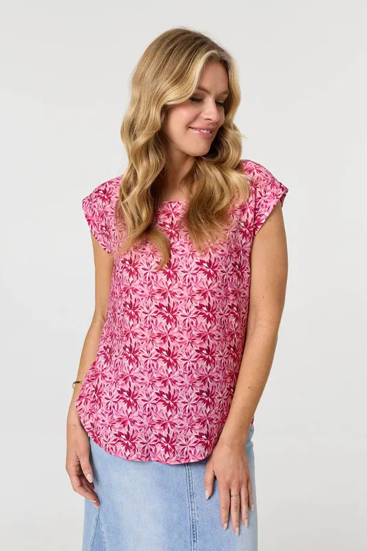 Izabel London Women's Floral Cap Sleeve Slim Top in Pink Size: 14 - Pink