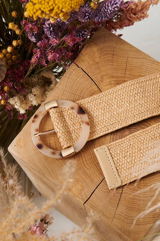 Izabel London Women's Woven Textured Circle Buckle Belt in Beige Beige