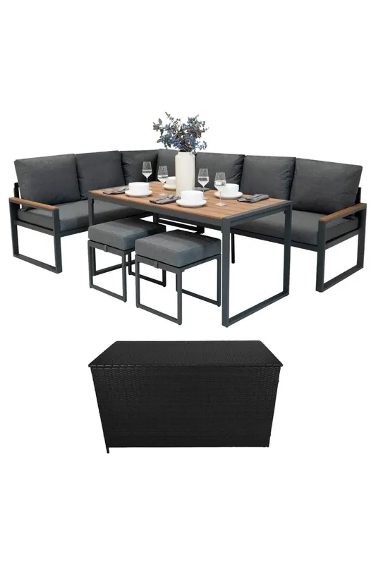 Monstershop Aluminium Corner Sofa Set With Black Rattan Storage Box - Wood Effect in Brown Brown