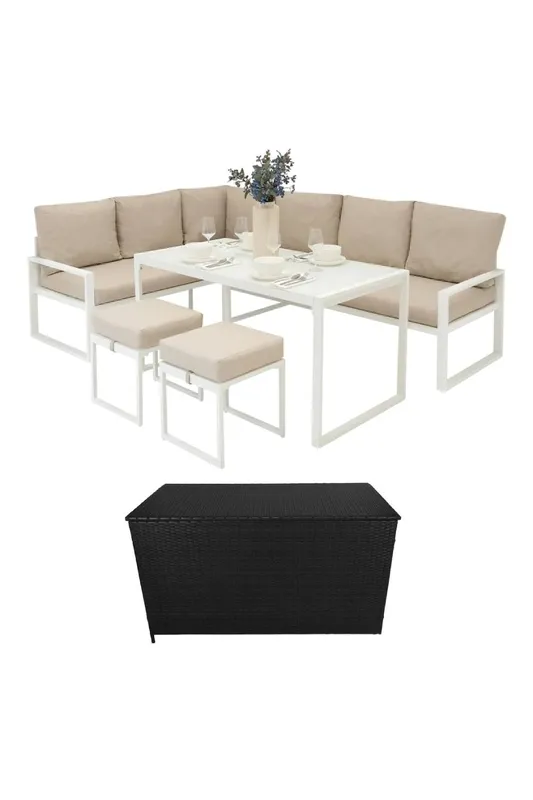 Monstershop Aluminium Corner Sofa Set With Black Rattan Storage Box - White - White