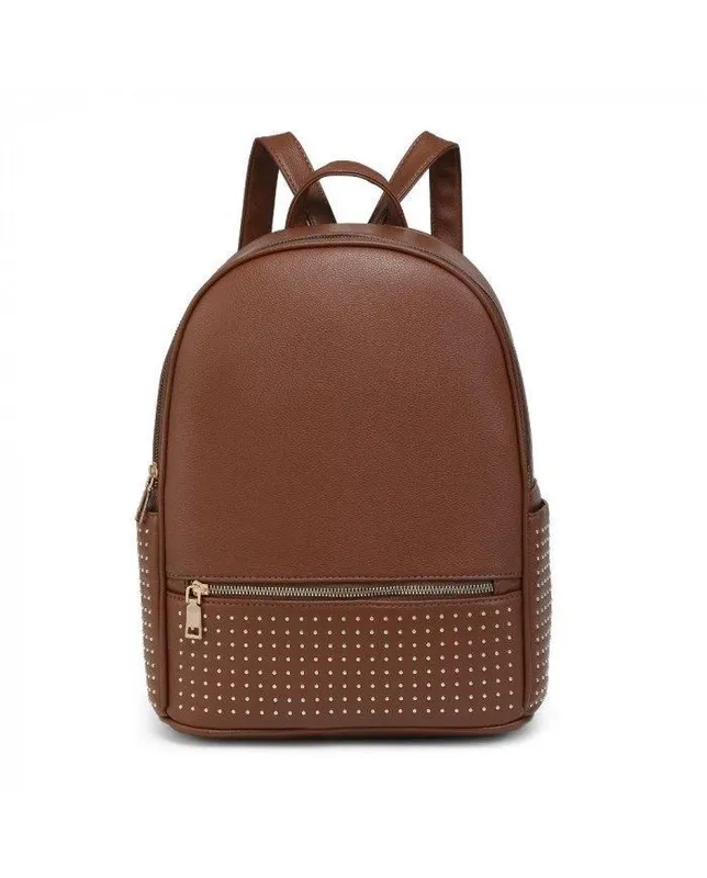Jfy Women's Studded Zip Pocket Backpack in Brown Brown