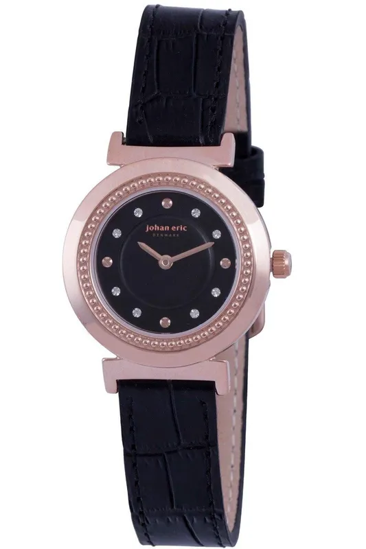 Johan Eric Women's Black Dial Watch Swarovski Crystals, Black Genuine Leather Strap Black One Size