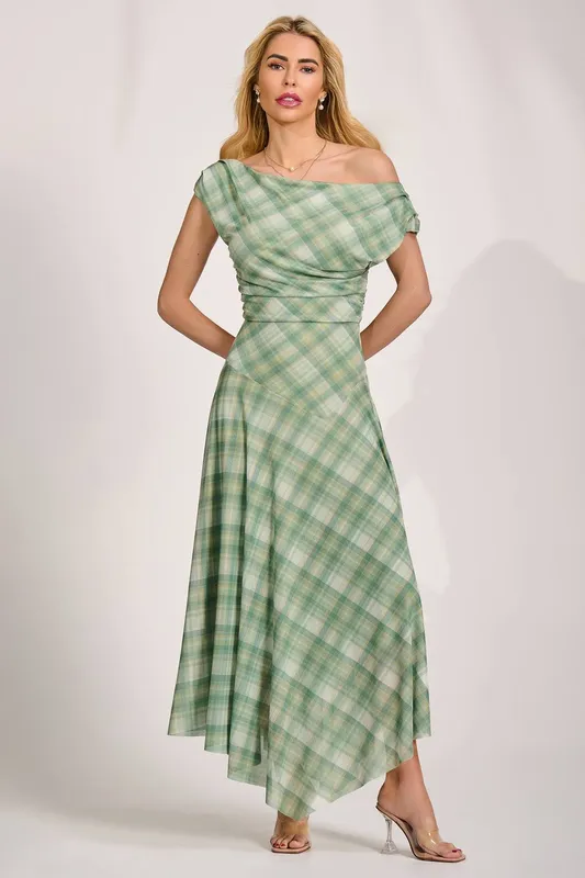 Jolie Moi Women's Asymmetric Draped Mesh Maxi Dress in Green Size: 8 Green