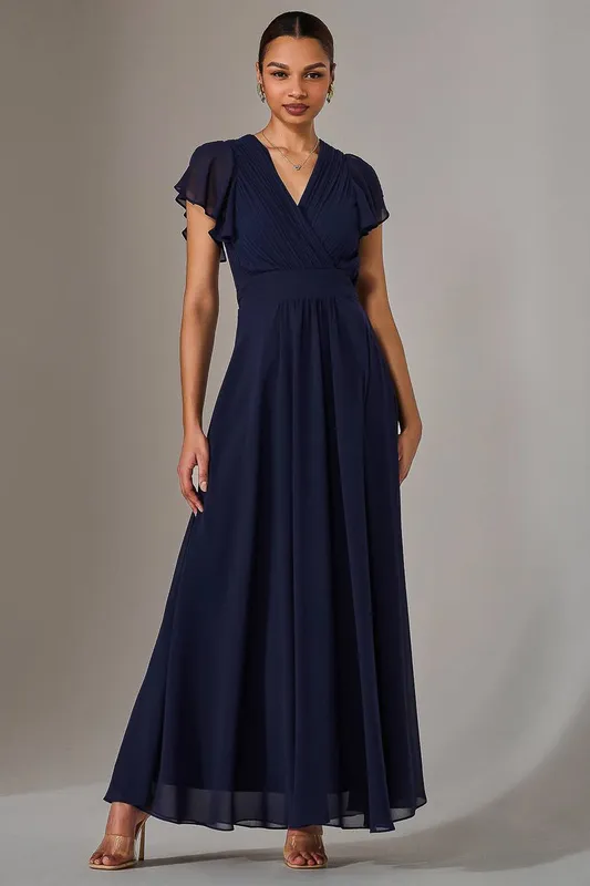 Jolie Moi Women's Chiffon Pleated Maxi Dress in Navy Size: 8 - Navy