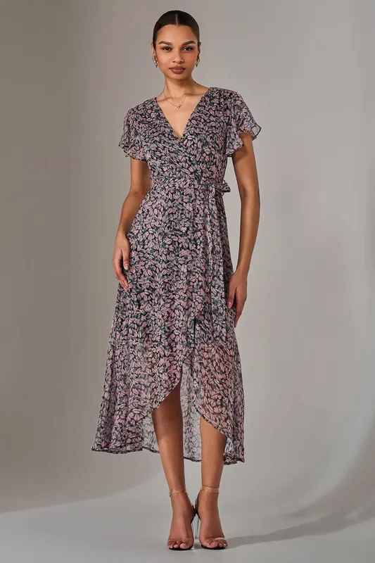 Jolie Moi Women's Chiffon Wrap Midi Dress in Dark Pink Size: 8 - Dark Pink