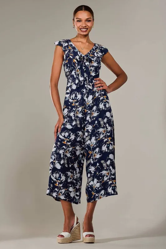 Jolie Moi Women's Frill Tie-front Jumpsuit in Mid Navy Size: 8 - Mid Navy