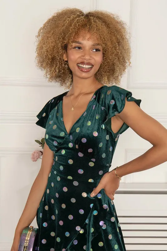 Jolie Moi Women's Frill V Neck Velvet Dress in Green Size: 8 Green