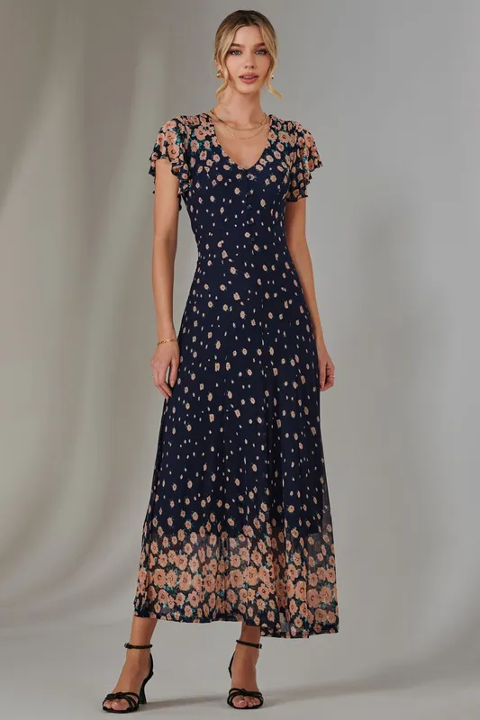 Jolie Moi Women's Gina Mirrored Print Mesh Maxi Dress in Navy Size: 10 Navy 10