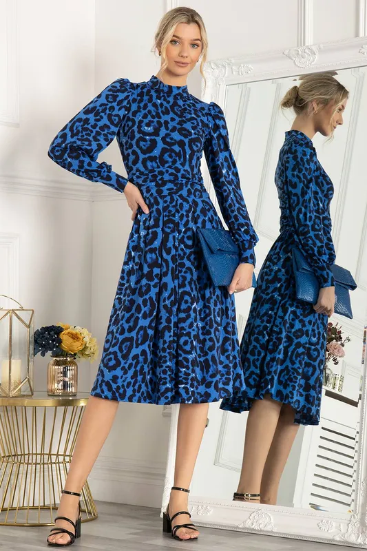 Jolie Moi Women's Kathryn Long Sleeve Midi Dress in Blue Size: 8 - Blue - Size: 8