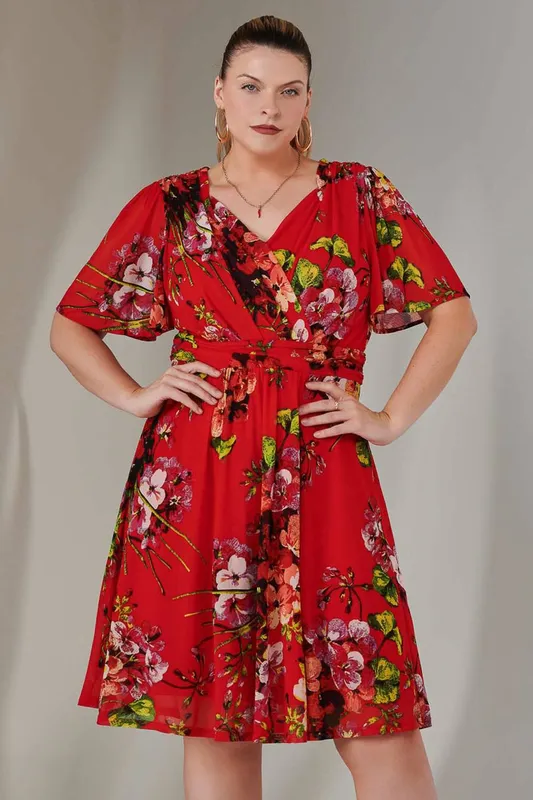Jolie Moi Women's Print Mesh Flare Dress in Red Size: 14 - Red