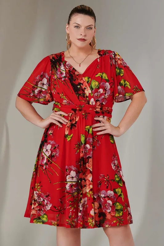 Jolie Moi Women's Print Mesh Flare Dress in Red Size: 22 Red 22
