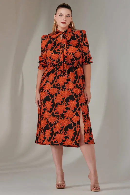 Jolie Moi Women's Print Tie Neck Dress in Orange Size: 16 Orange 16