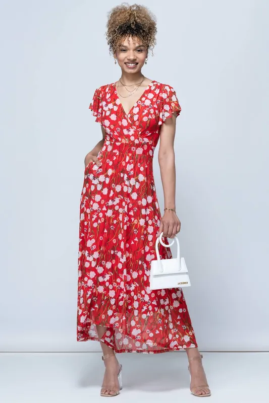 Jolie Moi Women's Rachele Floral Pint Mesh Maxi Dress in Red Size: 8 - Red
