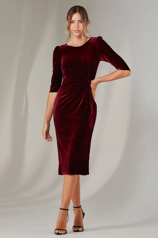 Jolie Moi Women's Velvet Side Tie Midi Dress in Burgundy Size: 8 - Burgundy