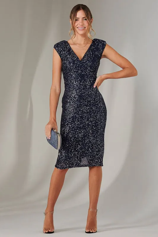 Jolie Moi Women's Wrap Bodice Sequin Midi Dress in Navy Size: 18 - Navy - Size: 18