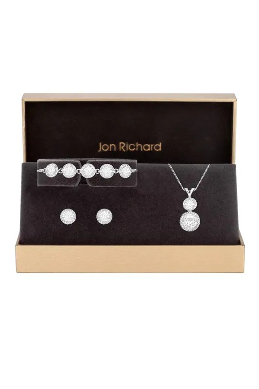 Jon Richard Women's Silver Plated Crystal Halo Double Solitaire Trio Set - Gift Boxed - Silver