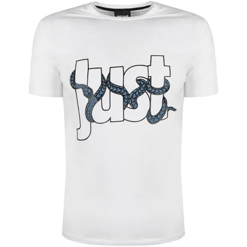 Just Cavalli Mens Snake Wrapped Logo White T-Shirt Cotton - Size X-Large