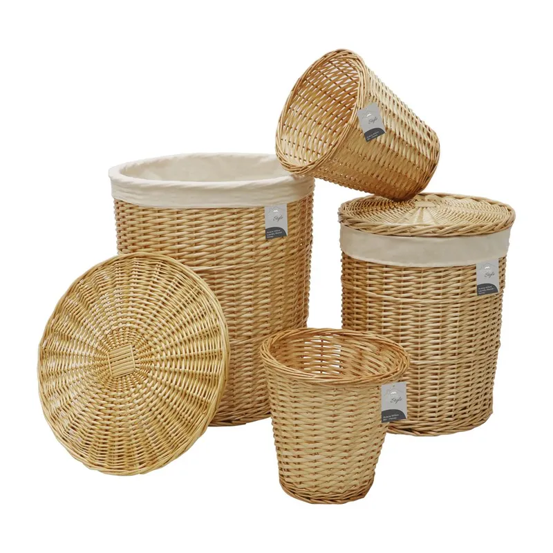 Jvl Hand Woven Acacia Set of 2 Round Laundry Willow Baskets with 2 Waste Paper Baskets in Gold Gold