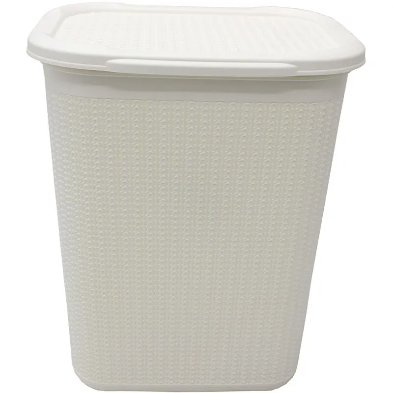 Jvl - Knit Design Loop Plastic Rectangular Lidded Washing Laundry Basket, Ivory
