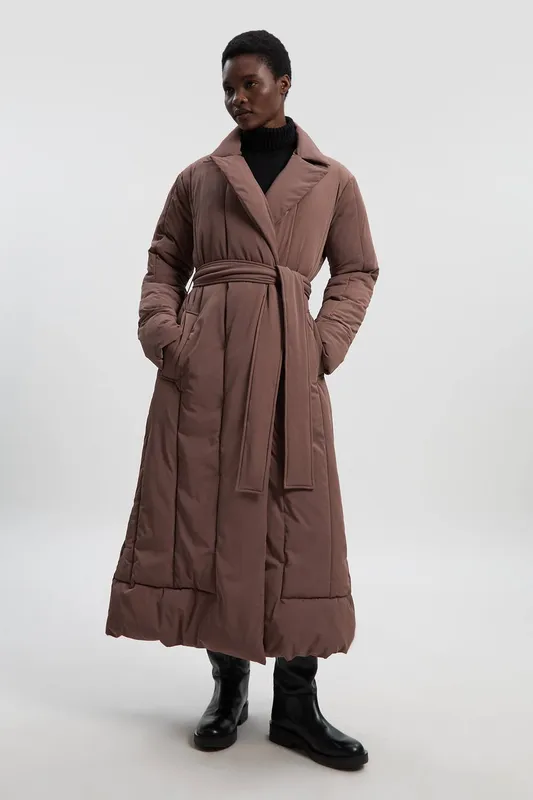 Karen Millen Women's Clean Padded Belted Midi Coat in Mocha Size: 14 - Mocha - Size: 14