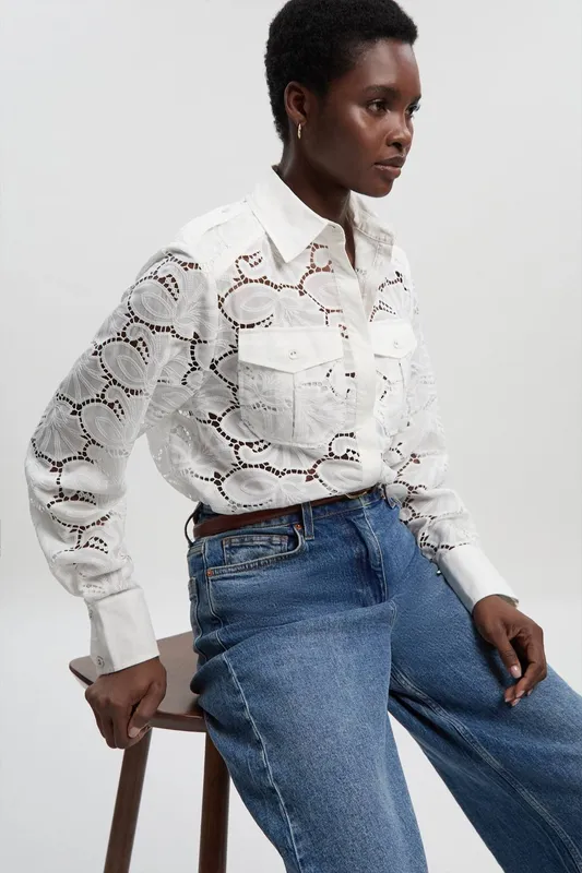 Karen Millen Women's Cotton Cutwork Woven Shirt in White Size: 10 - White