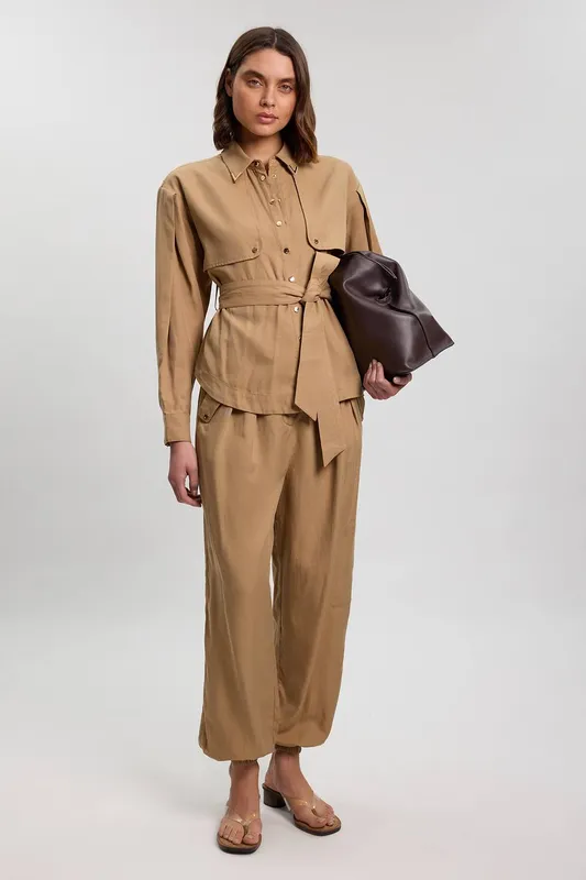 Karen Millen Women's Cupro Utility Twill Woven Shirt in Tan Size: 10 - Tan - Size: 10