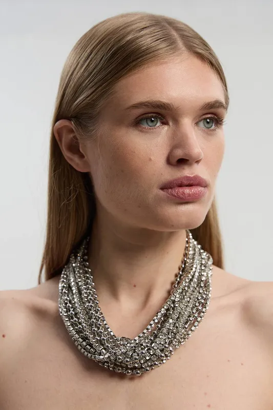 Karen Millen Women's Diamante Layered Chunky Necklace in Silver - Silver