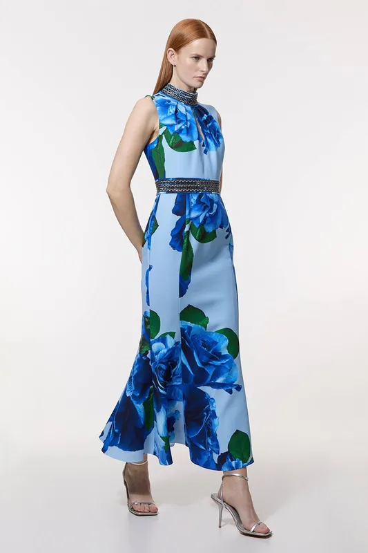Karen Millen Women's Diamante Trim Rose Woven Maxi Dress in Blue Size: 8 - Blue - Size: 8